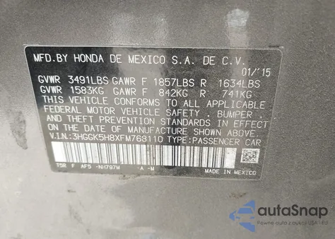 2015 Honda Fit Ex/Ex-L from USA, damaged, VIN 3HGGK5H8XFM768110